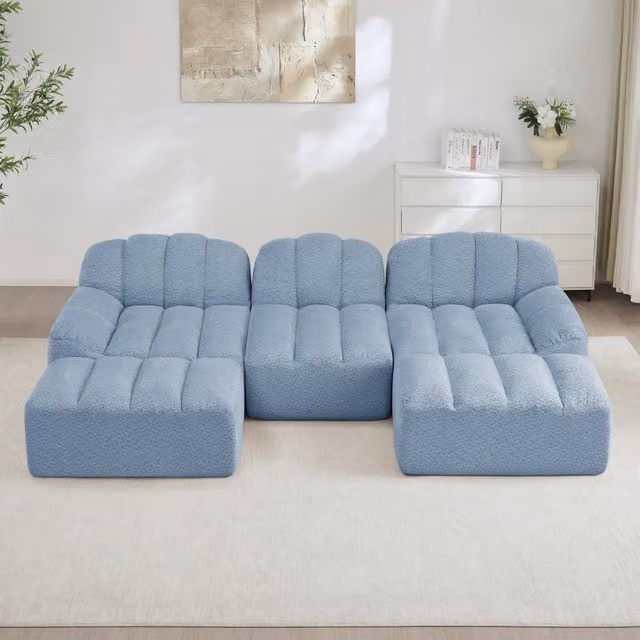 Divano a U modulare senza struttura con schiuma 32D ad alta densità e ottomani in fleece granulato blu 288 × 165 × 79 cm