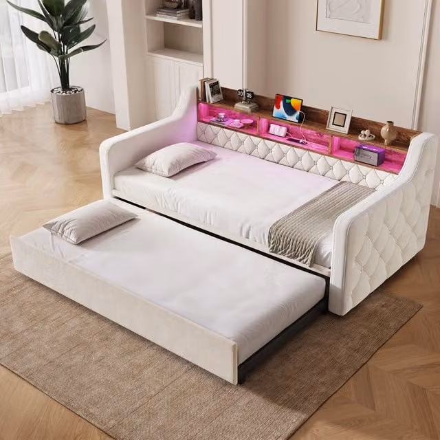 Letto da banco 90x190 cm; LED; USB-C; divano letto con letto estraibile; braccioli; portaoggetti per la testiera; molla; velluto; beige