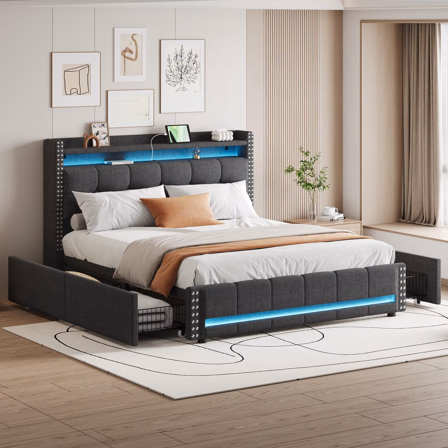 Letto imbottito Flieks 160x200cm con funzione di ricarica (USB e presa), letto contenitore con 4 cassetti, letto per ragazzi letto matrimoniale con LED, biancheria da letto in legno, grigio