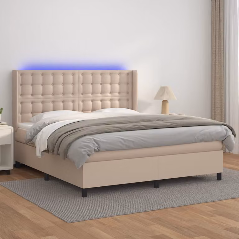 vidaXL Letto con Giroletto a Molle, Materasso Ibrido e Illuminazione LED, Colore Cappuccino, L/P: 160 x 200 cm