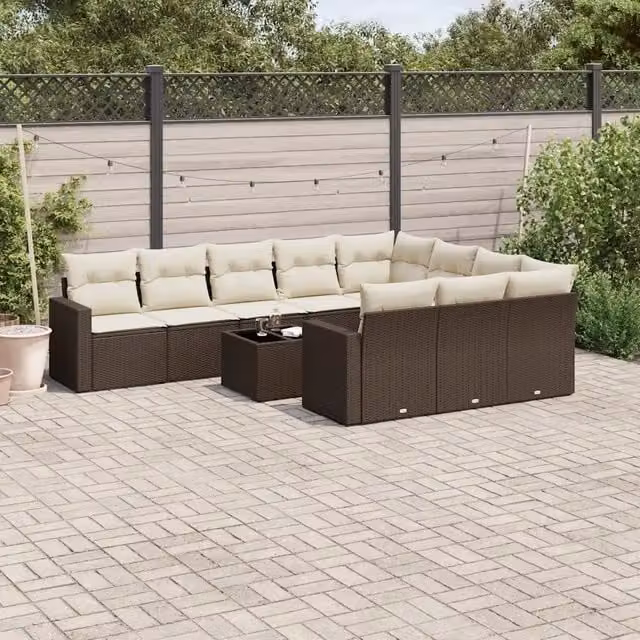 Set Divani da Giardino 11 pz con Cuscini Polyrattan Marrone 3219493