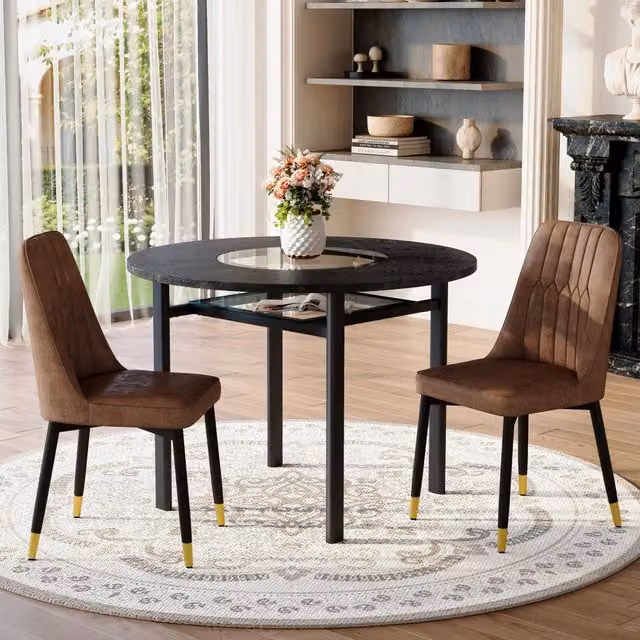 Set tavolo rotondo 100 cm con 2 sedie; piano in vetro; MDF e metallo; marrone e nero