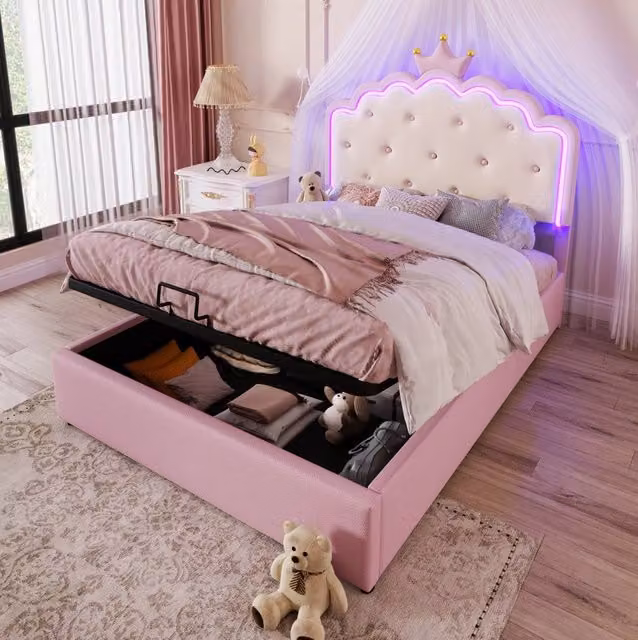 Letto imbottito 140x200 cm con luce LED e vano contenitore; PU rosa (Senza materasso)