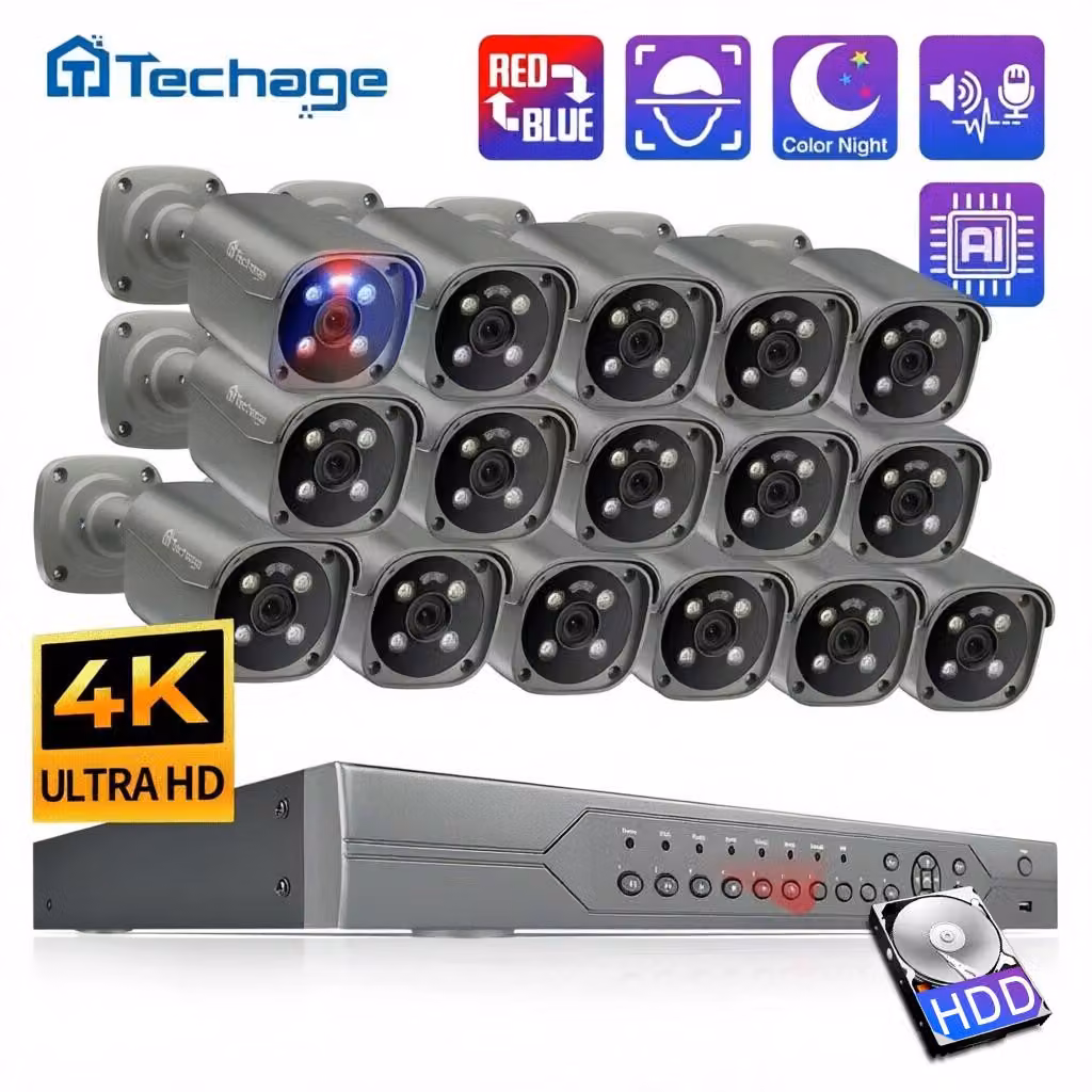 Kit di telecamere di sicurezza a 16 canali - 16 telecamere da 5MP - Rilevamento tramite intelligenza artificiale - Resistente all'acqua - Visione notturna