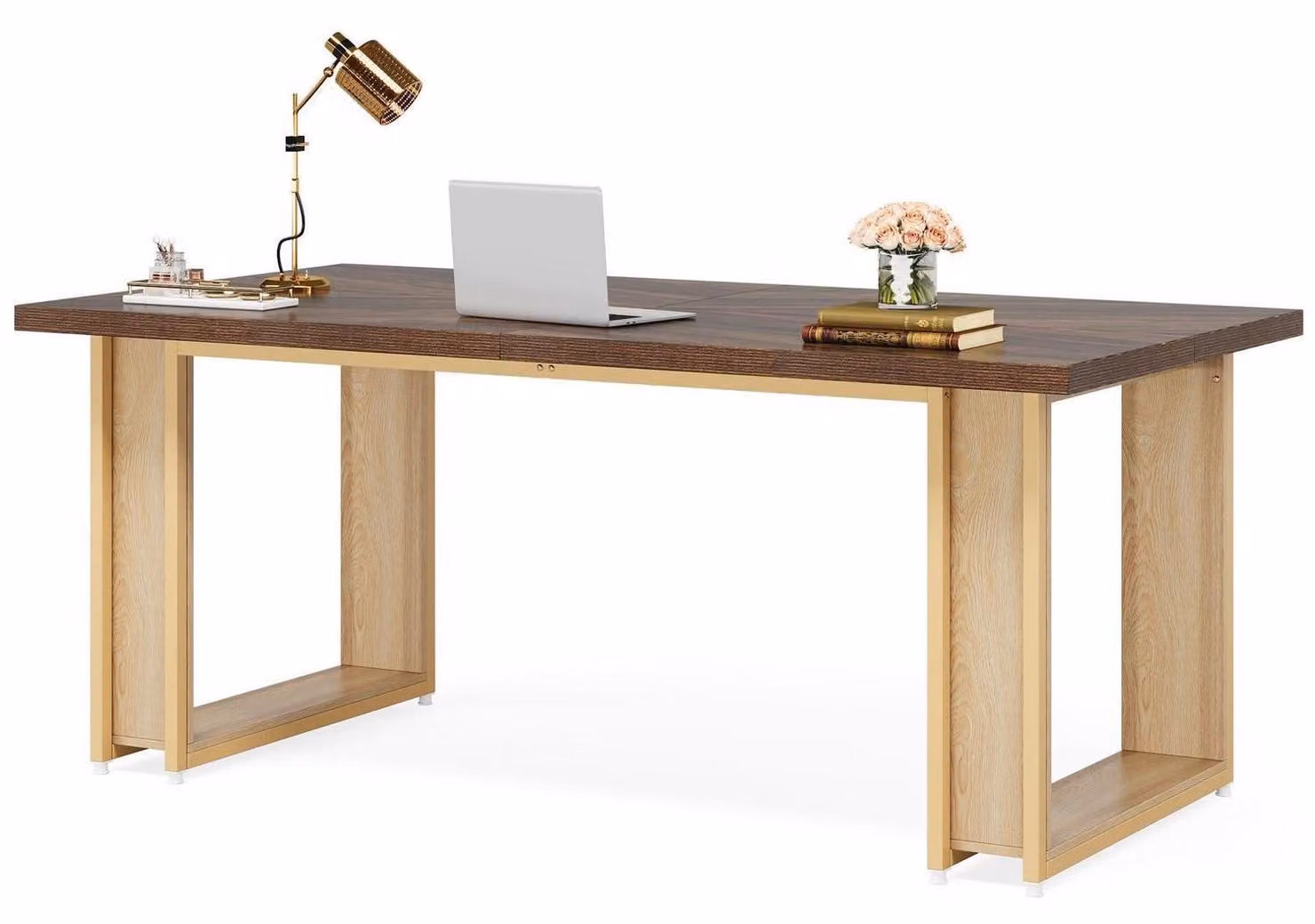 Scrivania da ufficio, 160 cm, stile rustico, colore marrone, realizzata in legno e metallo, con struttura a cavalletto