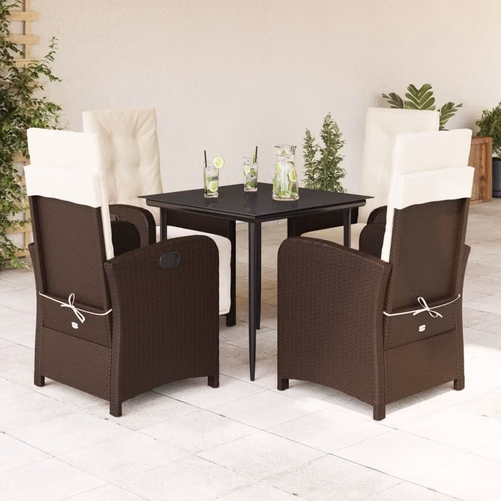 Set da Pranzo da Giardino 5pz vidaXL in Polyrattan Marrone con Cuscini e Tavolo in Vetro