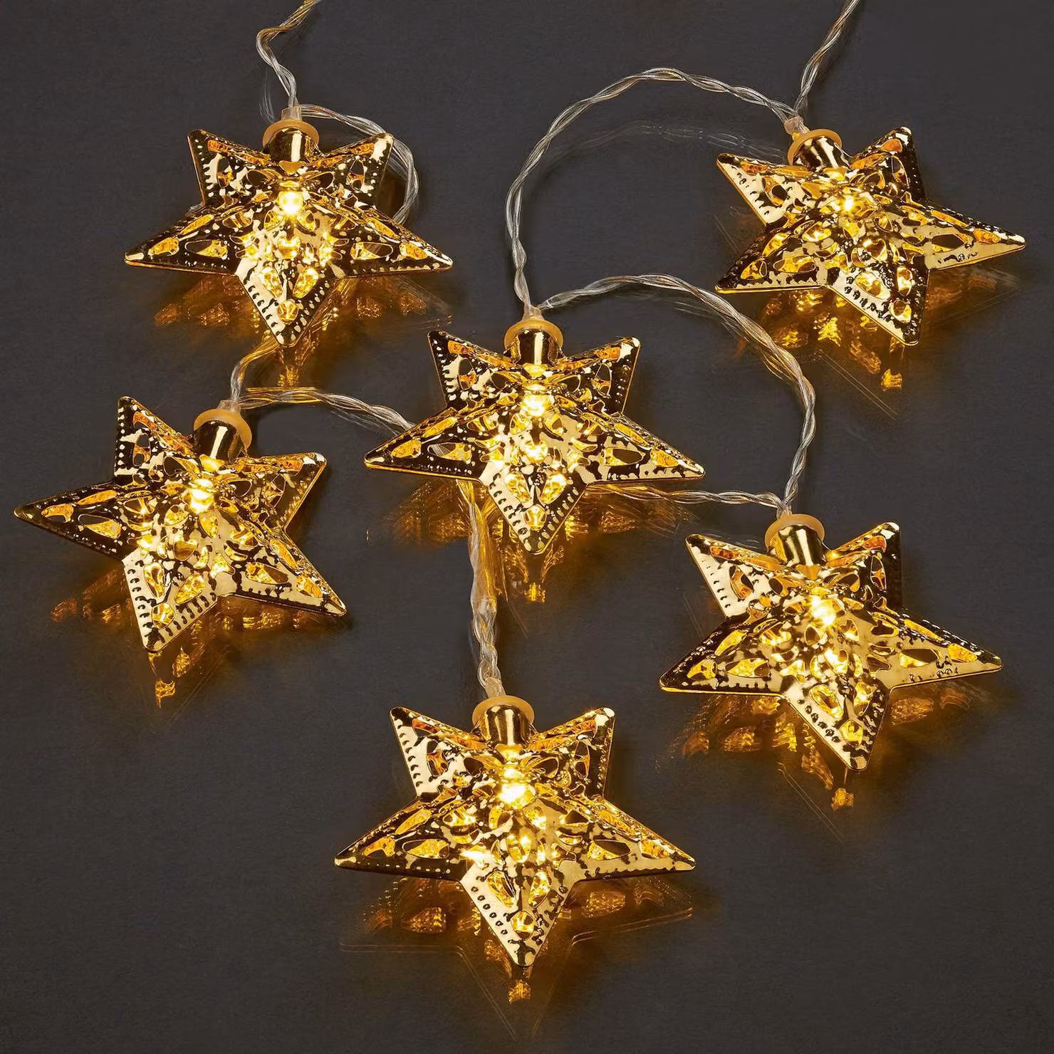 Catena luminosa a LED con stelle in metallo dorate, 10 LED, luce bianca calda, 135 cm