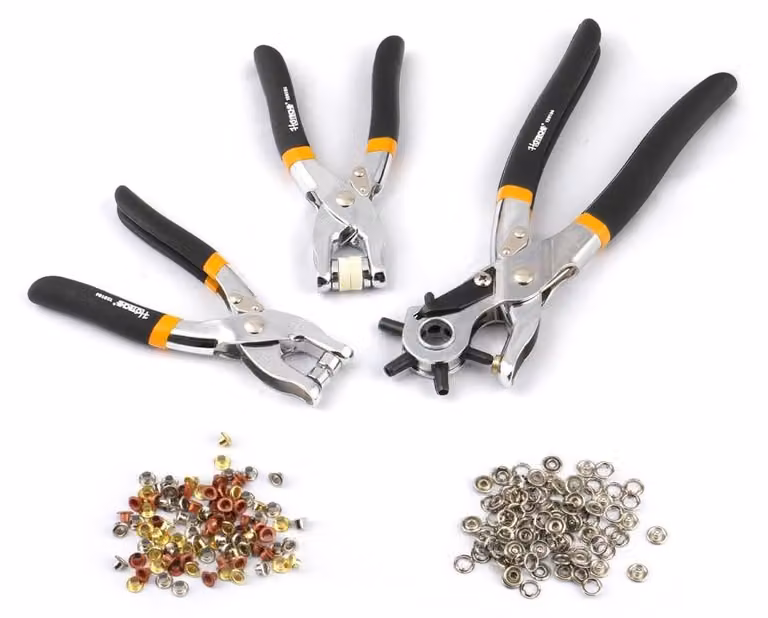 Set di 3 utensili: perforatore in pelle, pinza per occhielli e graffette