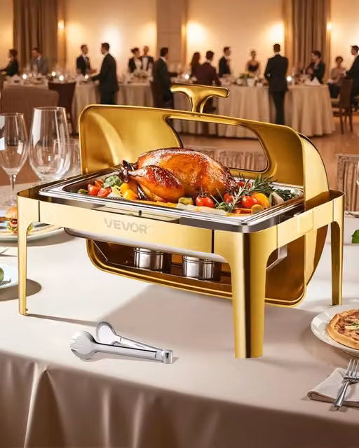 Scaldavivande Rettangolare 8,5 L in Acciaio Inox Oro con Coperchio Roll Top Visibile JZY723KSDJ1/1 per Buffet e Catering