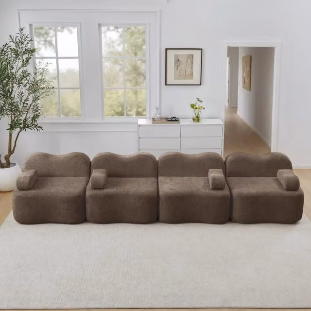 Divano modulare da soggiorno in velluto marrone 384x98x70 cm con seduta profonda