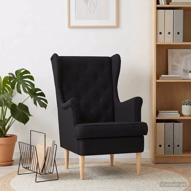 Poltrona Lounge Moderna in Tessuto Nero con Braccioli e Struttura in Legno e Metallo – 1