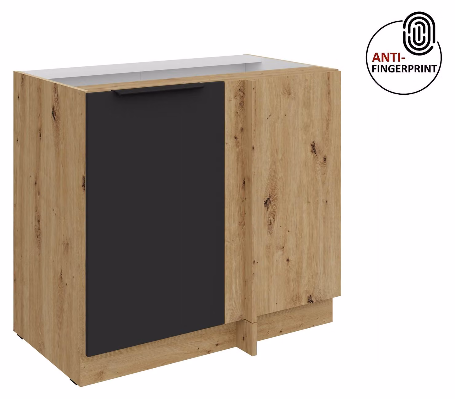 Mobile base angolare da cucina da 105 cm, cucina ARIA nero ultra opaco + rovere Artisan opaco, frontali di alta qualità con rivestimento anti-impronta, blocco cucina