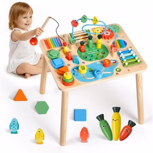 VEVOR Tavolo da Gioco Sensoriale in Legno Multicolore per Bambini, Scrivania Evolutiva con 13 Giochi, L: 45 cm, P: 38 cm, H: 54,5 cm
