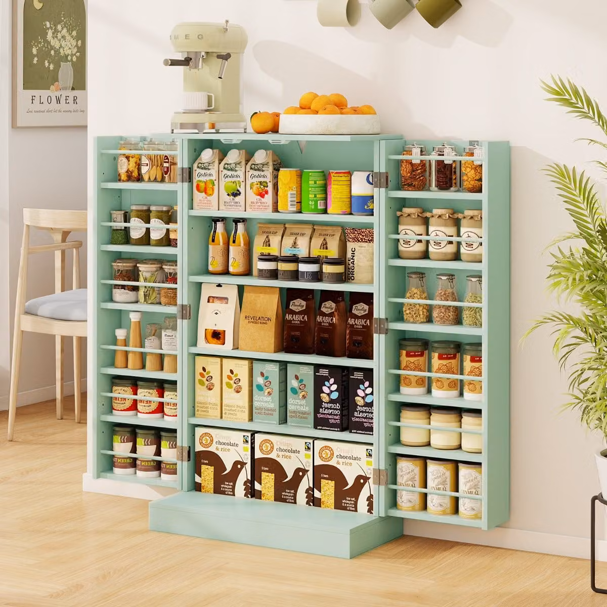 Costway Armadietto dispensa alto 104 cm con ante e ripiani regolabili, Credenza autoportante per sala da pranzo e soggiorno Verde