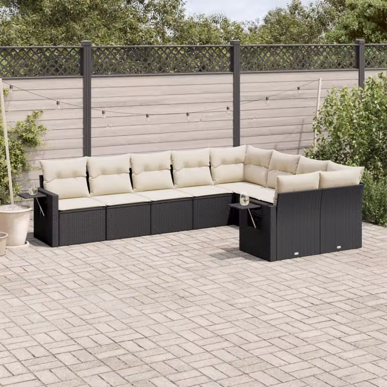 Set di divani da giardino vidaXL a forma di L composto da 9 pezzi con cuscini bianchi e struttura in polyrattan e metallo nero