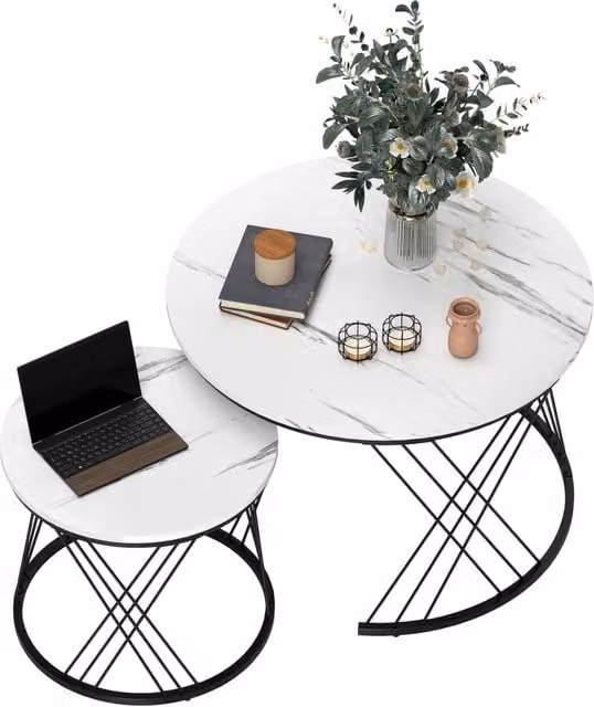 Set di 2 Tavolini da Salotto Sovrapponibili Rotondi Effetto Marmo Bianco e Metallo Design Moderno Salvaspazio per Casa