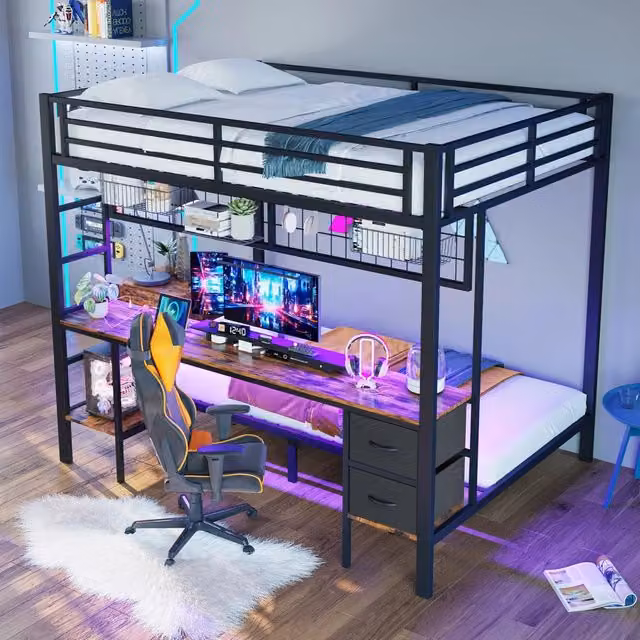 Letto a soppalco MIVRAY nero con scrivania, cassetti, ripiani, luce LED a 7 colori e porta USB in metallo e MDF, L/P/H: 204 x 140 x 145 cm – 1