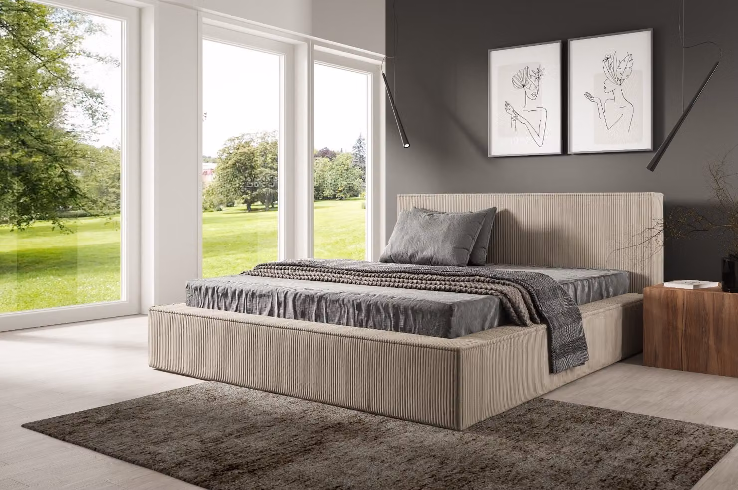 Letto imbottito GUTTO FILO color crema 160x200 in tessuto di velluto a coste con rete a doghe in metallo. Design moderno in colori di tendenza, con vano contenitore
