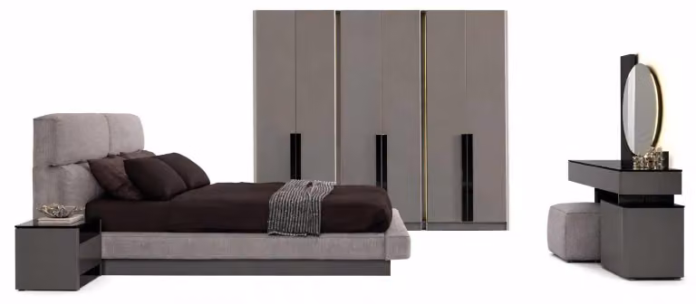 Camera da letto di design, set completo: letto, comodini, armadio moderno. Set da 7 pezzi