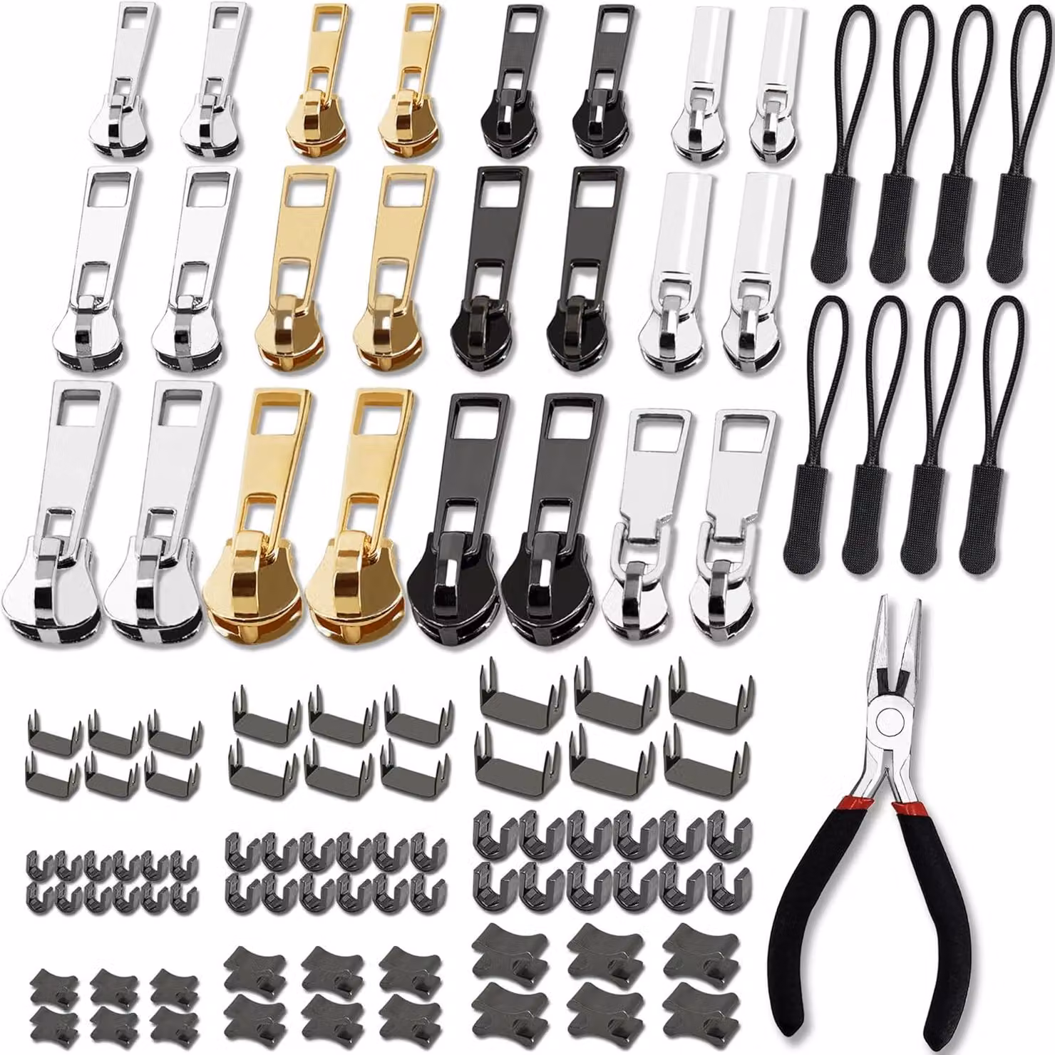 Kit di riparazione per cerniere, composto da 105 pezzi, con 3 diverse dimensioni e vari cursori, adatto per abbigliamento e mobili
