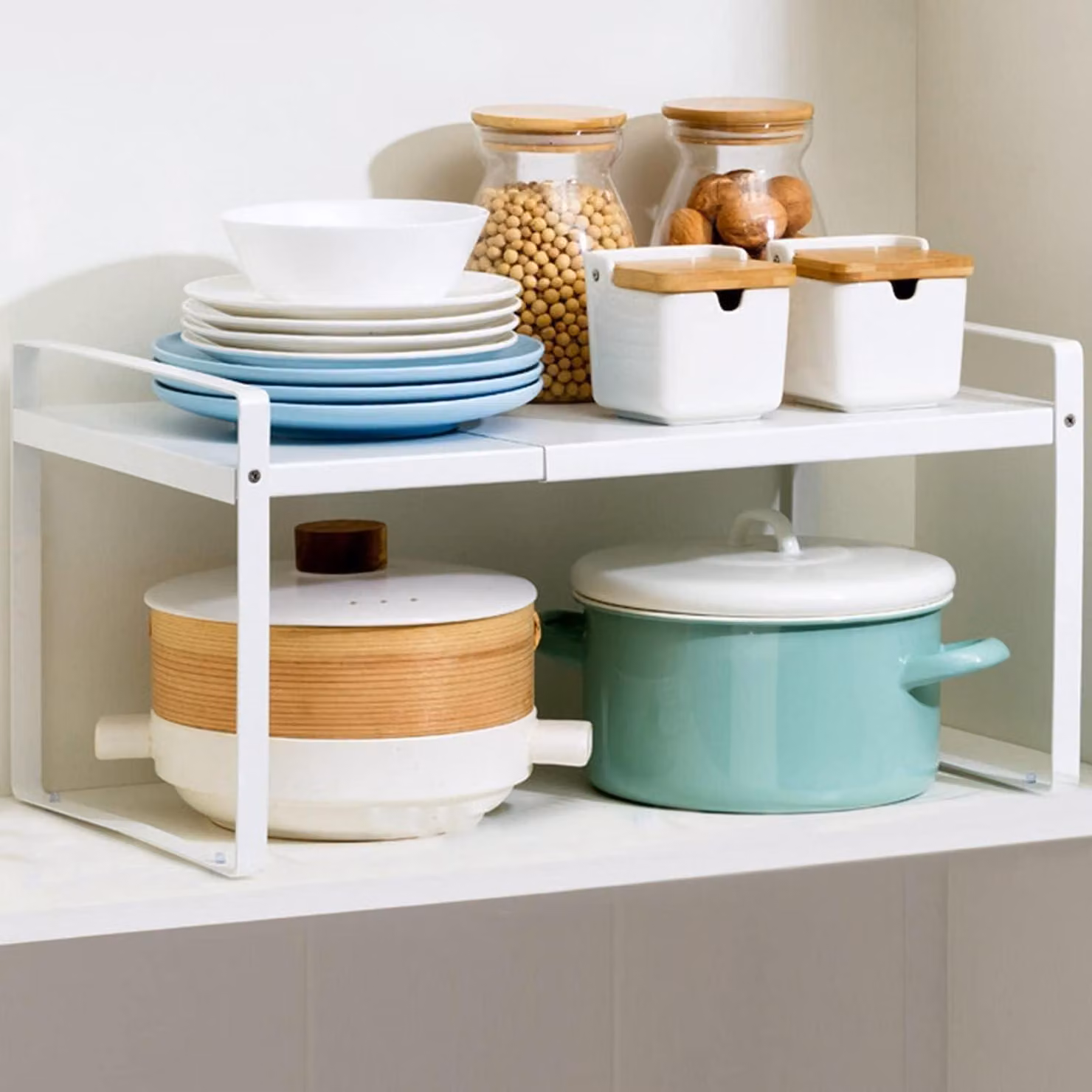 Ripiano estraibile per cucina, organizer per scaffali, bianco, 2 pezzi, da 36 a 64 cm, Acciaio al carbonio