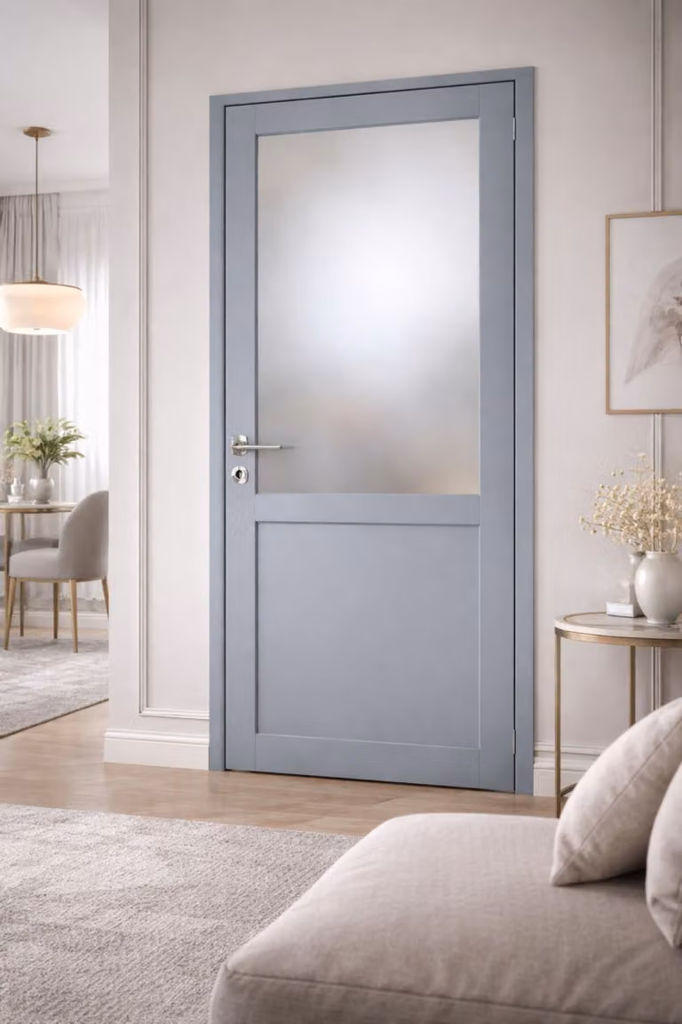 Bloc Porta Athena Grigio Chiaro Vetrata H204 x L73 cm, lato tavolo P.gauche, maniglia Pomerol GD MENUISERIES