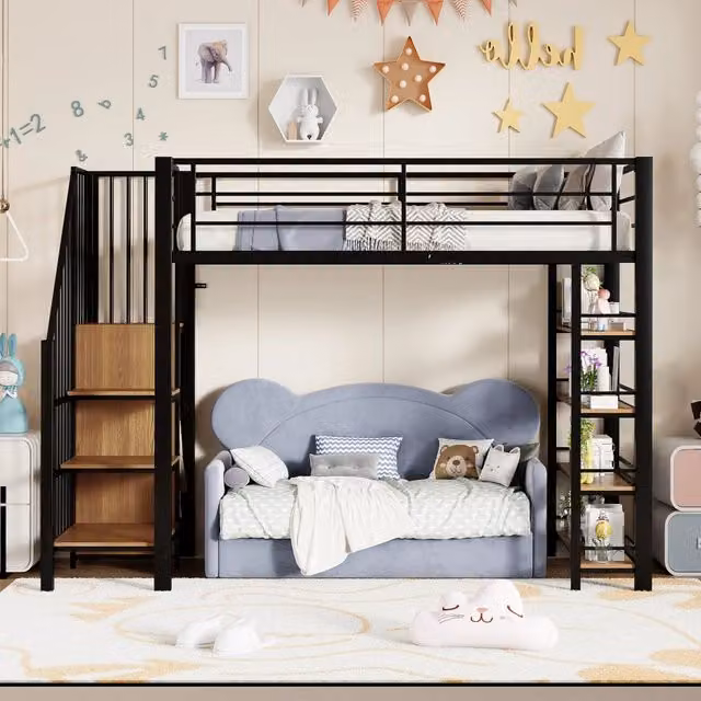 Letto a soppalco 90x200 in metallo nero con scala contenitore; armadietto; scaffali e sponda alta