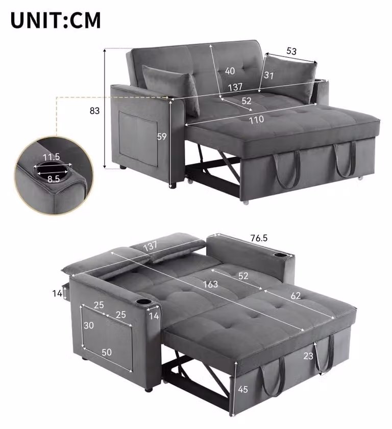 Divano letto - Divano a forma di L, due posti - Pieghevole - Multifunzionale - In velluto - Grigio - Con portabicchieri