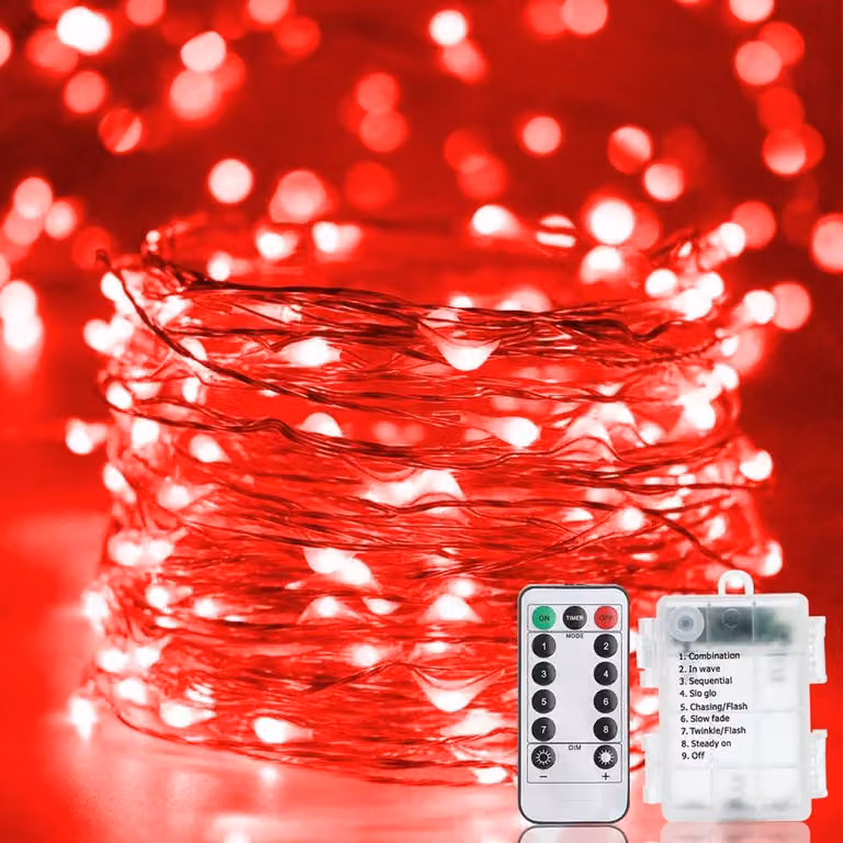Catena luminosa a LED, 20 metri, 200 LED, alimentata a batteria, con telecomando