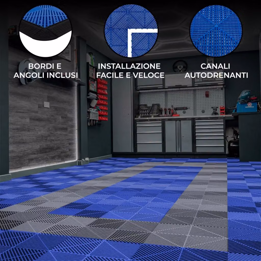 Piastrelle ventilate antiscivolo MONSTER SHOP in plastica blu e grigie per garage e officine, L: 6 m x P: 3,2 m – 2
