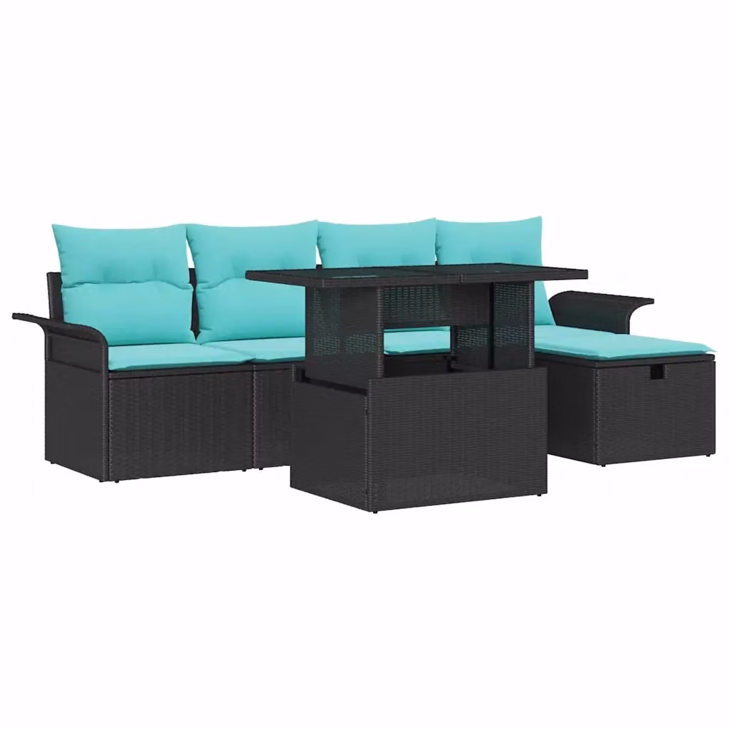 Set Divano da Giardino a L vidaXL con Cuscini e Tavolino, 6 Pezzi, Nero e Turchese – 2