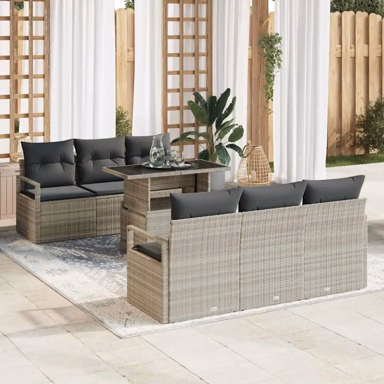 Set Divano da Giardino vidaXL 7 Pezzi in Polyrattan Grigio con Cuscini e Tavolino