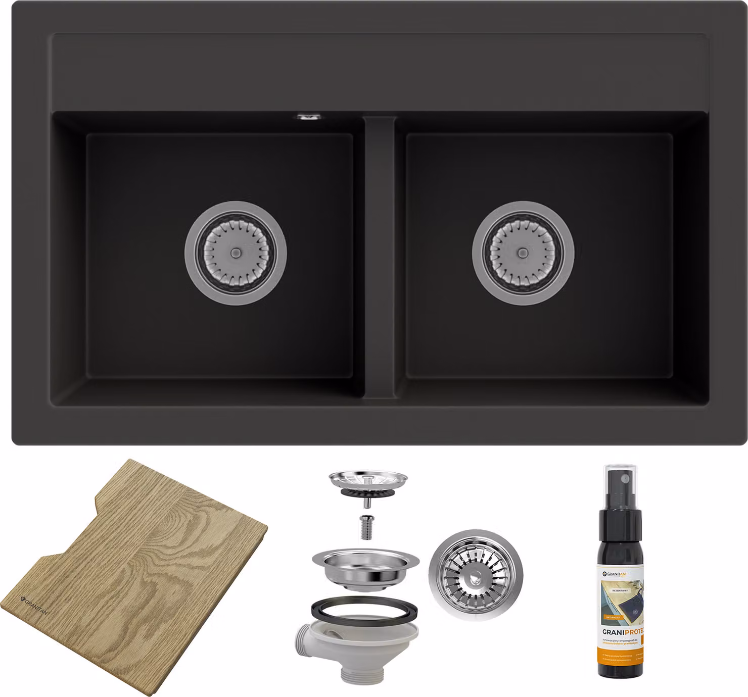 Granitan - Lavello in granito - Lavello da cucina - 2 vasche - 75x45 cm - Nero - con sifone e tagliere - DUET