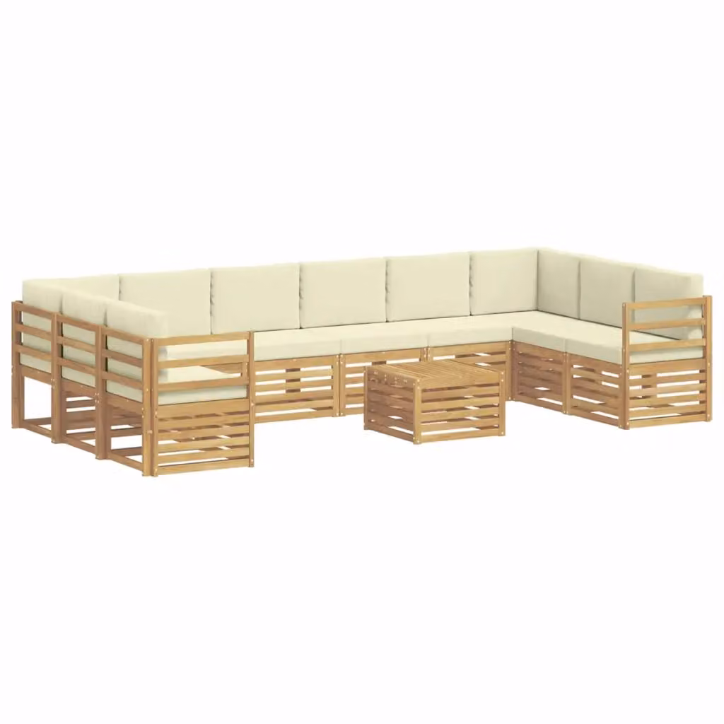 Set di divani da esterno vidaXL a forma di L composto da 11 pezzi con tavolo da caffè, in legno di acacia e tessuto bianco e beige resistente ai raggi UV – 2