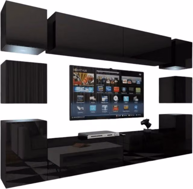 Set di mobili da soggiorno sospesi Meublorama collezione CEPTO XIV nero lucido con LED, L: 256 cm