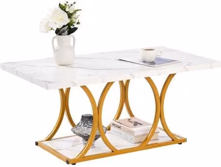 VEVOR Tavolino da Caffè Rettangolare Bianco con Effetto Marmo e Struttura in Metallo, Tavolo da Soggiorno Minimalista a 2 Livelli, L 100 x P 55 x H 45 cm