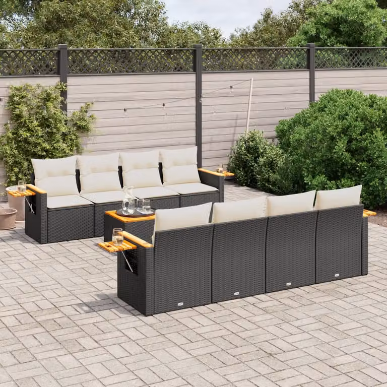 vidaXL Set Divani da Giardino 9 pz in Polyrattan Nero con Cuscini e Tavolino da Esterno