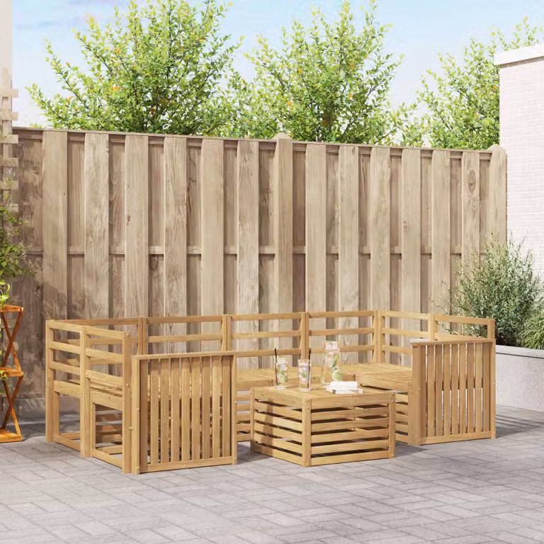 Set di divani da esterno a forma di U vidaXL in legno di acacia massello con cuscini bianchi e tavolo da caffè incluso