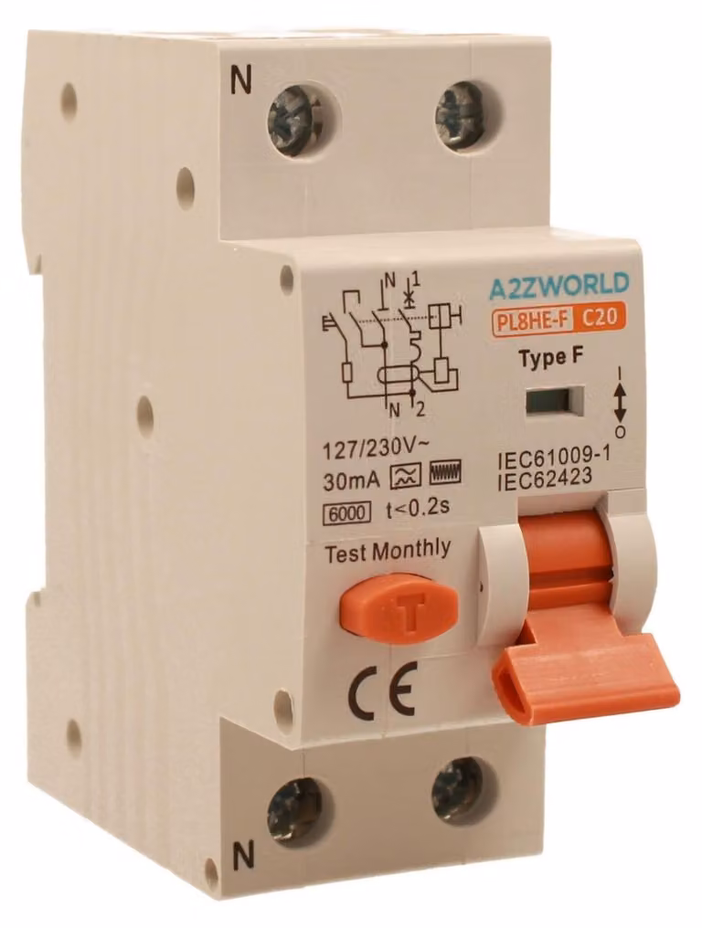 Interruttore differenziale magnetotermico, tipo F, 20A, curva C20; interruttore differenziale combinato (RCBO), tipo F, curva C, 6 kA, 30 mA, 1P+N, 2 moduli DIN