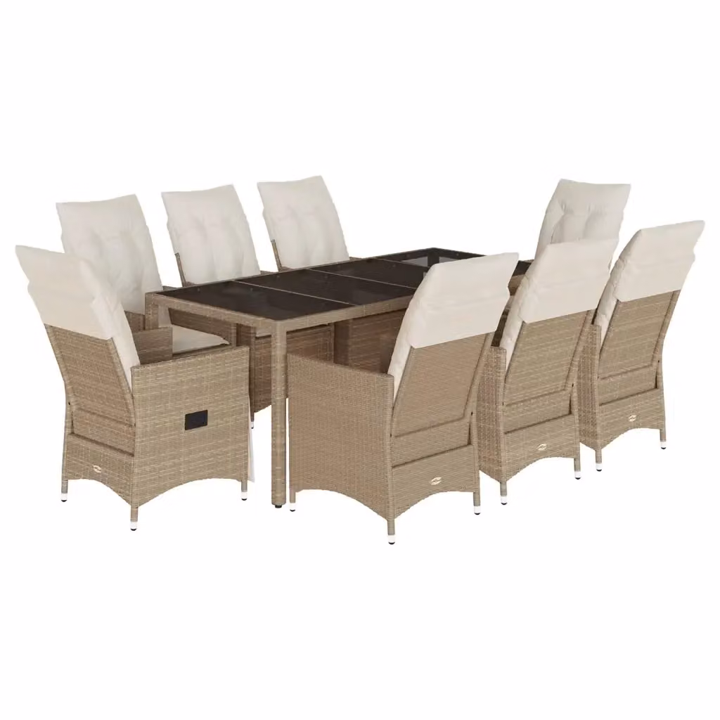 Set da Pranzo da Giardino vidaXL in Polyrattan con Cuscini Beige e Tavolo in Vetro, 9 Pezzi – 2