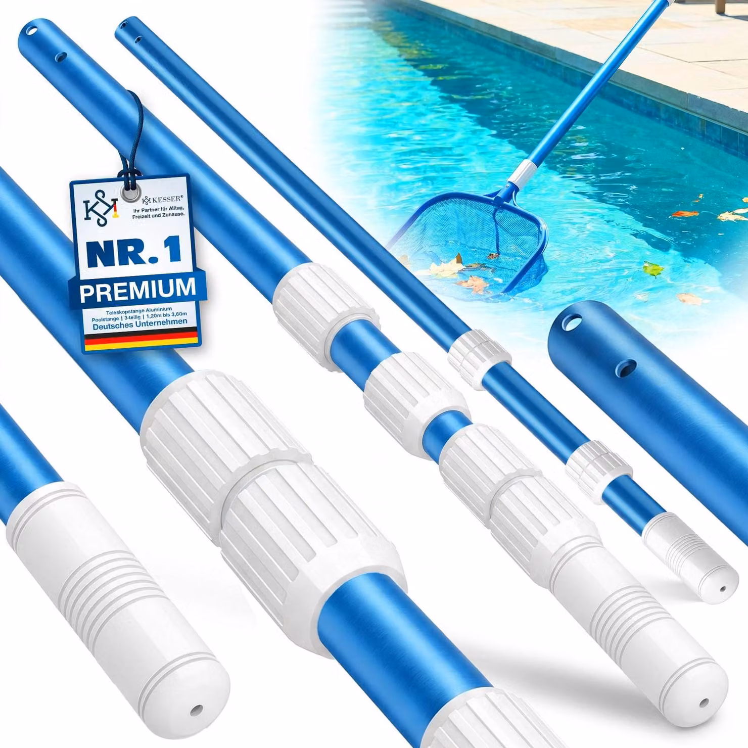 Asta telescopica per piscina - 1,20 - 3,60 m - Alluminio - Blu