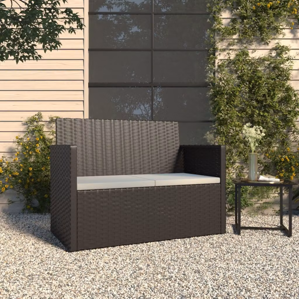 Panca da giardino moderna vidaXL in polyrattan e metallo con cuscini nera L: 105 cm
