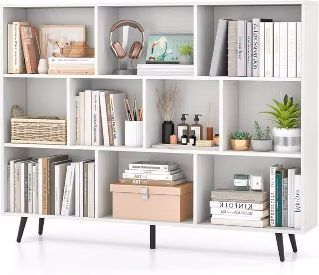 Libreria Costway a 10 Cubi con Gambe in Metallo, Scaffale Moderno Mid-Century Bianco L: 140 cm, P: 24 cm, H: 107 cm