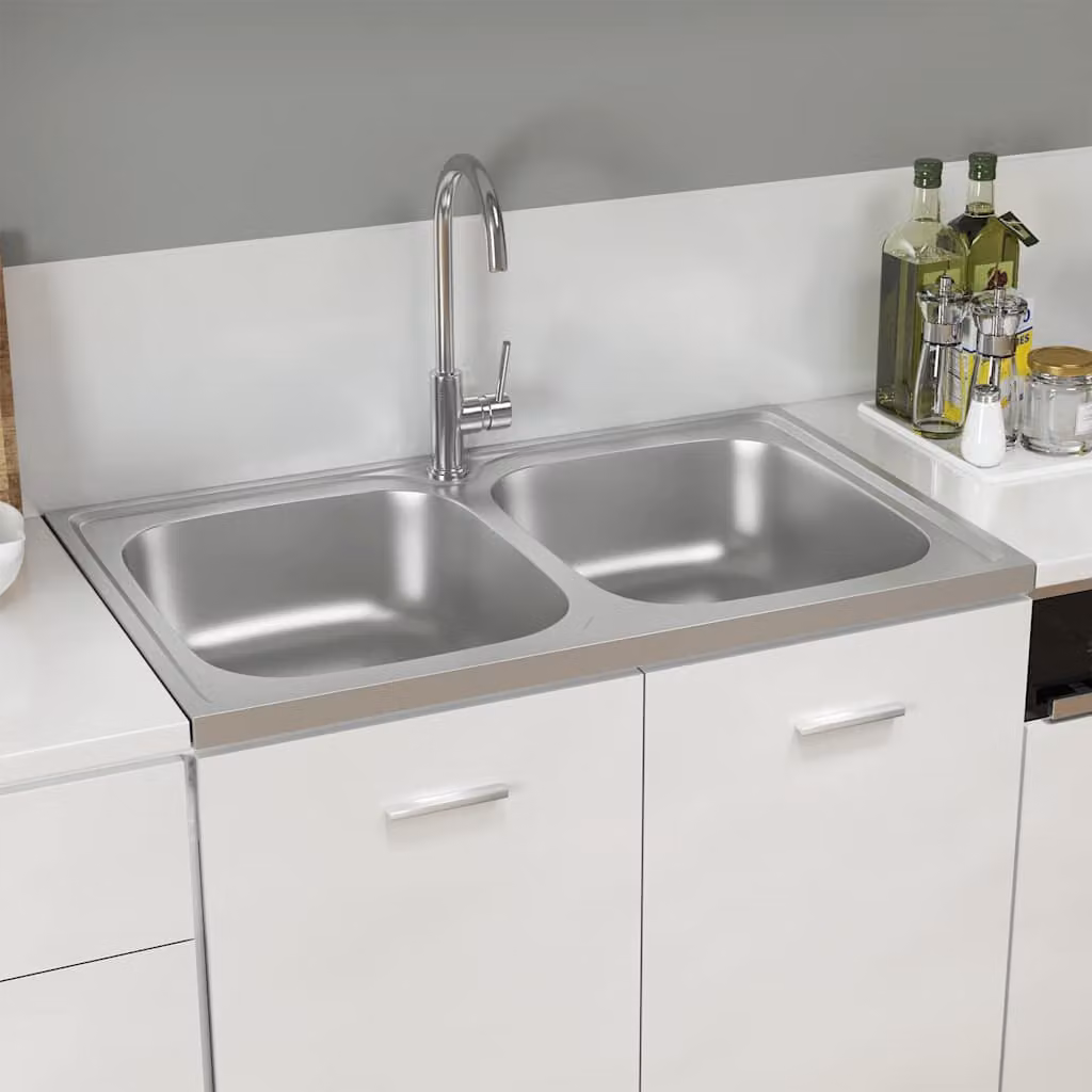 vidaXL Lavello da cucina a doppia vasca in acciaio inox argento L: 80 cm, P: 50 cm, H: 15,5 cm