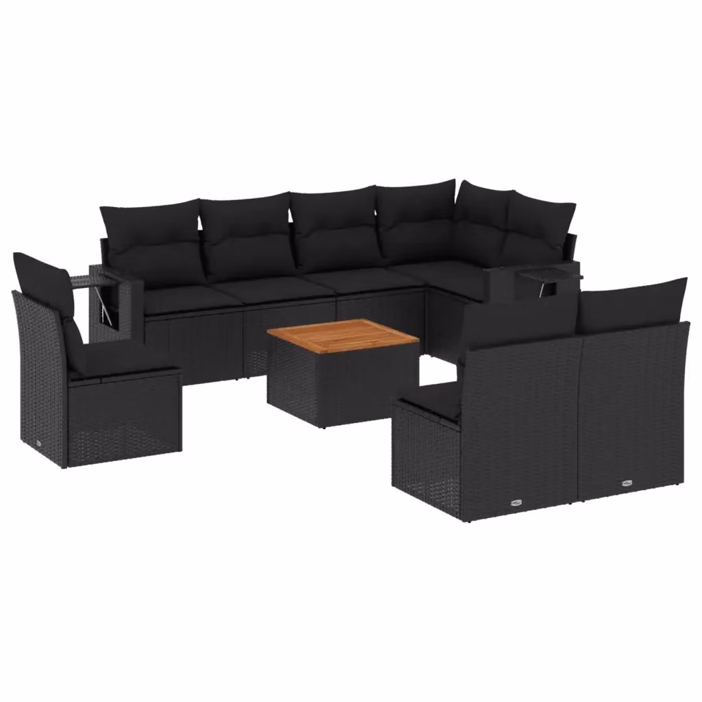vidaXL Set Divani da Giardino a Forma di U in Polyrattan Nero con Cuscini e Tavolino da Esterno – 2