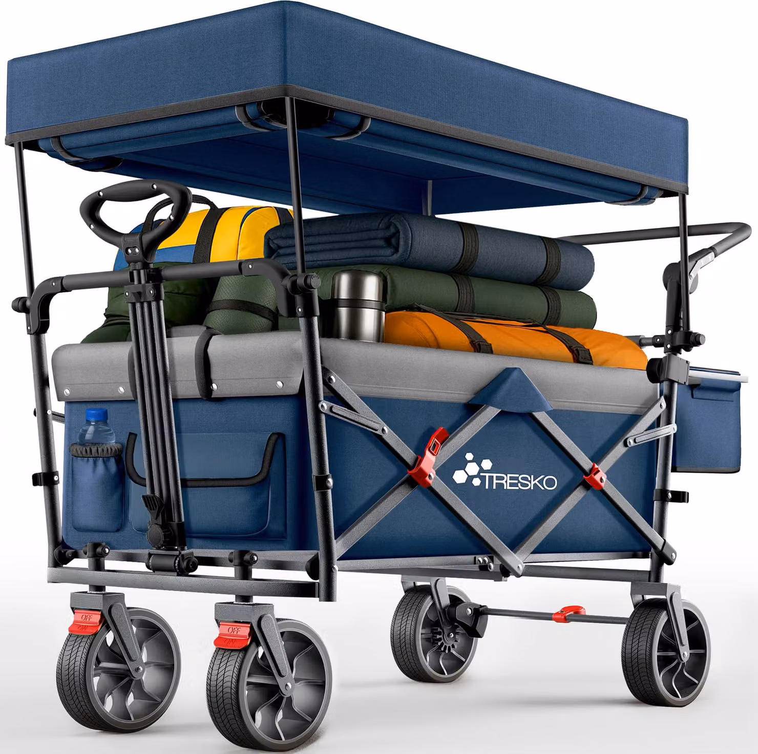 TRESKO® Carrello pieghevole con tetto blu, vano refrigerante e tende laterali a rullo | Carrello con carico massimo fino a 150 kg | Carrello di trasporto con pneumatici in gomma piena, freni di stazionamento (anteriore e posteriore) e cintura a 3 punti