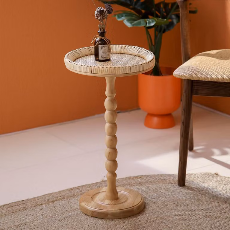 Tavolino rotondo in rattan con gambe in legno, 30x21,6 cm, stile bohémien, ideale per piccoli spazi