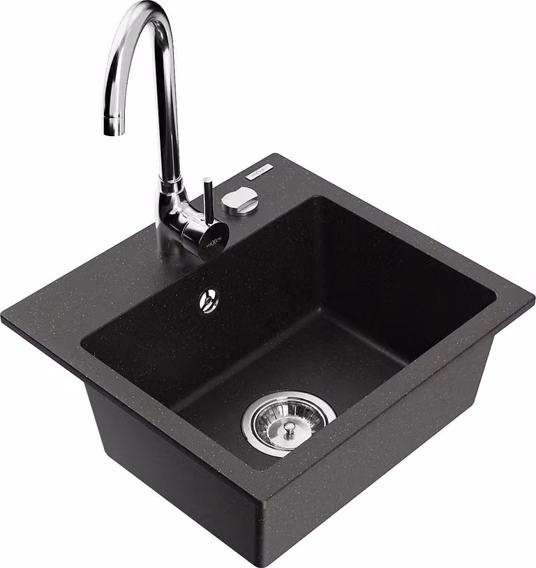 Mexen Milo lavello da cucina in granito a 1 vasca con rubinetto Telma, nero/oro - 6505-75-670200-00