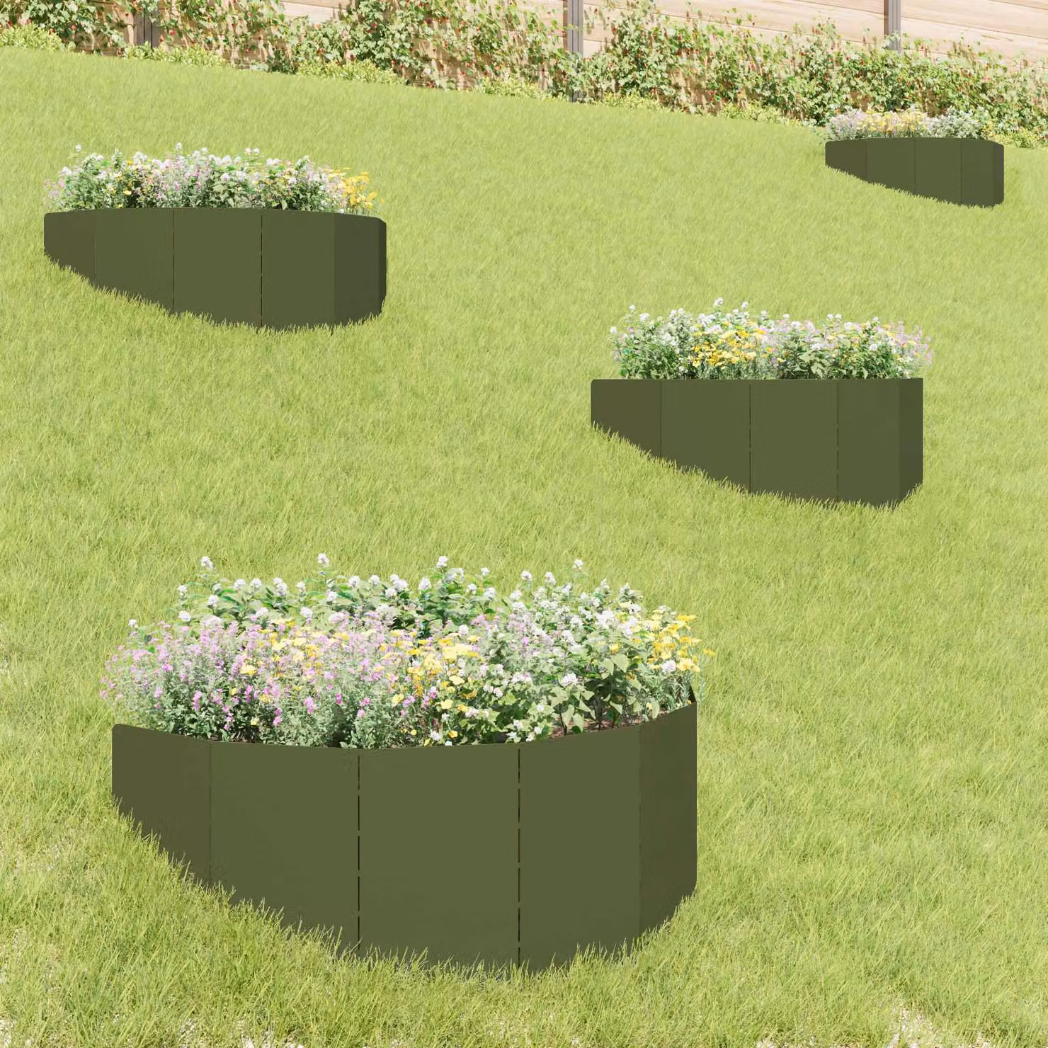 Set di 4 bordure per prato vidaXL in acciaio colore verde oliva, 100 x 45 cm