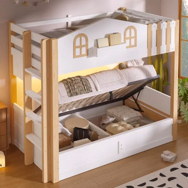 Letto a castello Mivray per bambini con struttura a casetta, contenitore idraulico, illuminazione LED e scala reversibile, colore bianco, L/P/H: 200 x 90 x 162 cm